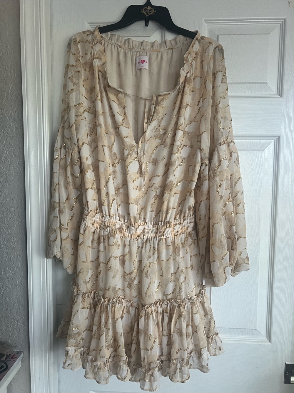 Beige & Gold Metallic Print Ruffle Dress - Picture 5 of 5